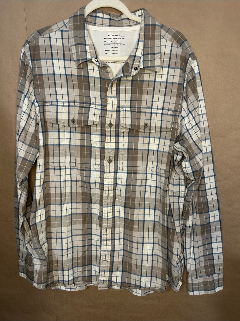 REI Co-op Men’s XL Tall Plaid Cotton Button Up Shirt Blue Gray Outdoor